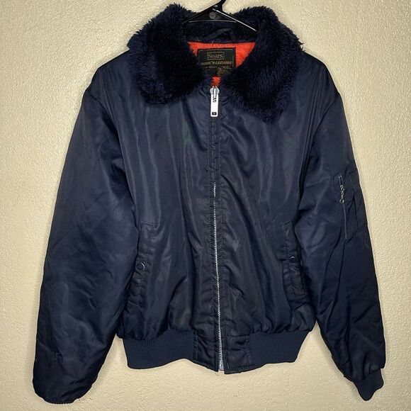VTG Sears Work Leisure Faux Fur Bomber Flight Nylon Jacket L 38-40 Navy Blue - Picture 2 of 6
